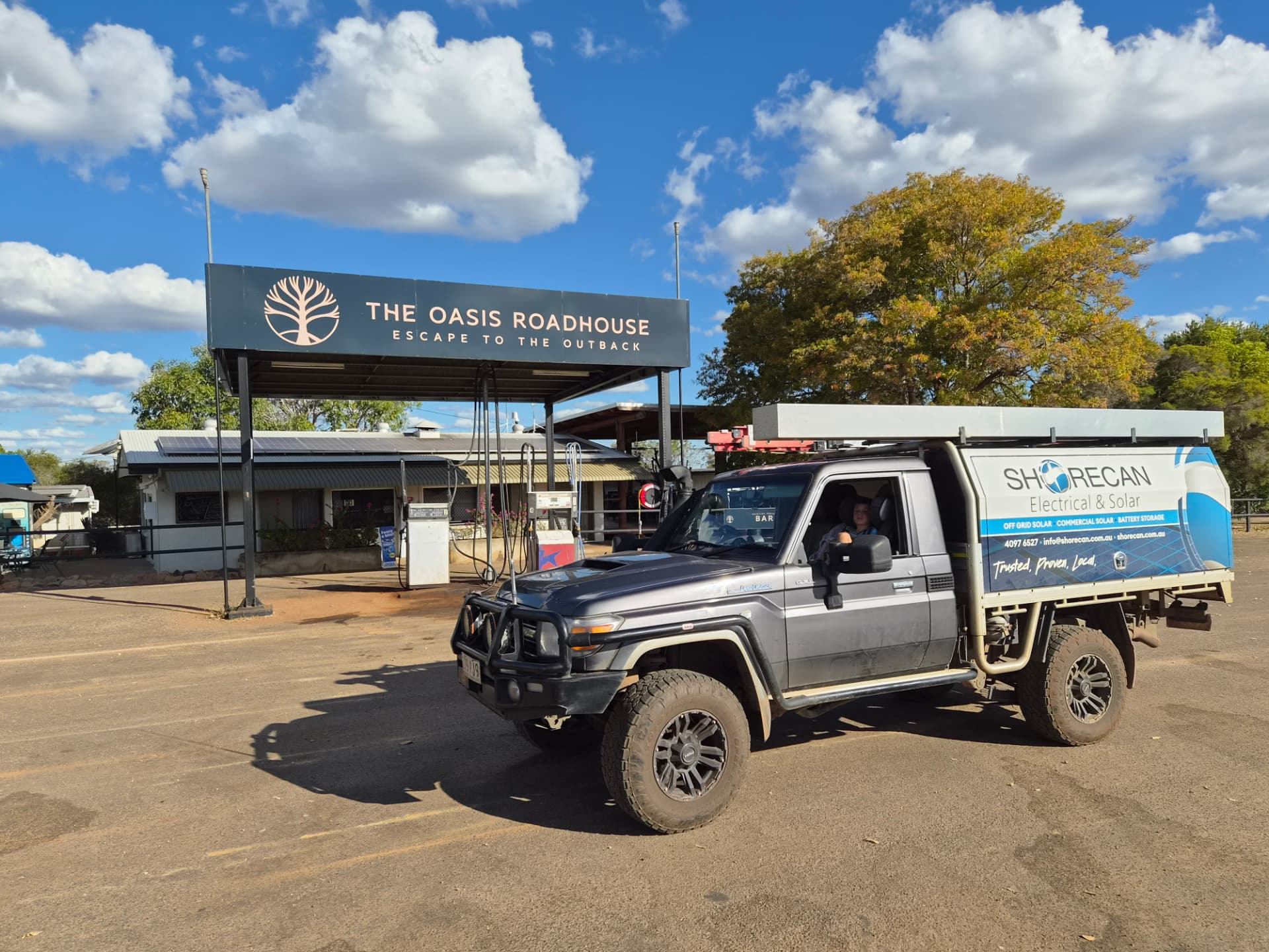 The Oasis Roadhouse frontage with Shorecan service vehicle