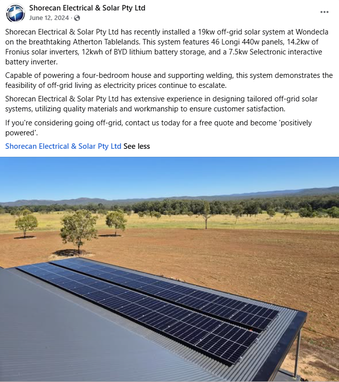 Aerial view of 46 Longi 440w panels installed at Wondecla on the Atherton Tablelands